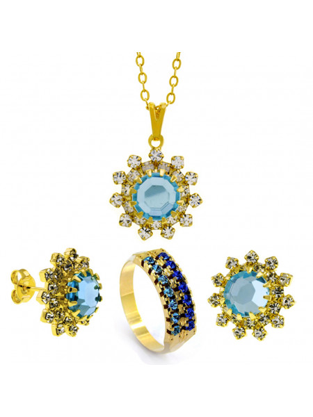 Conjunto Girassol Gargantilha Brincos Aliança Aquamarine Banhado Ouro Amarelo 18 k - KIT16423