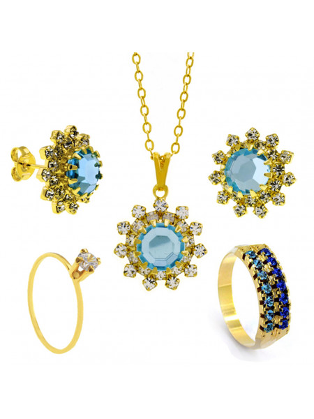 Conjunto Girassol Solitário Gargantilha Brincos Aliança Aquamarine Banhado Ouro Amarelo 18 k - KIT16438