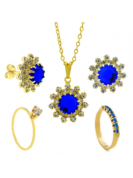 Conjunto Girassol Gargantilha Solitário Brincos Meia Aliança Azul Safira Banhado Ouro Amarelo 18 k - KIT16442