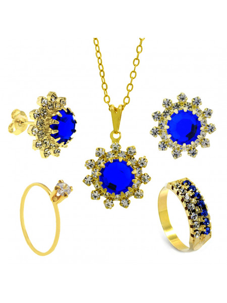 Conjunto Girassol Solitário Gargantilha Brincos Aliança Azul Safira Banhado Ouro Amarelo 18 k - KIT16439