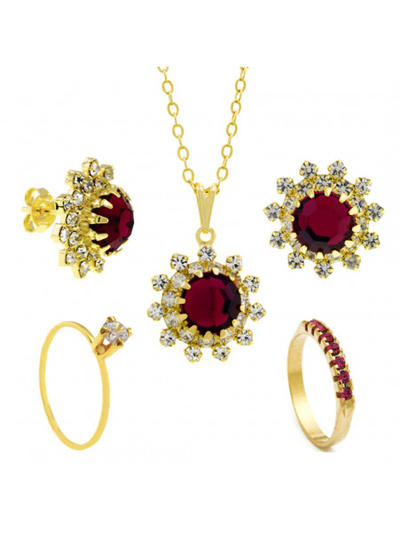 Conjunto Girassol Gargantilha Solitário Brincos Meia Aliança Rosa Pink Banhado Ouro Amarelo 18 k - KIT16443