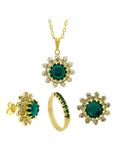 Conjunto Girassol Gargantilha Brincos Meia Aliança Verde Esmeralda Banhado Ouro Amarelo 18 k - KIT16429