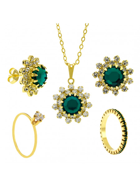 Conjunto Girassol Solitário Gargantilha Brincos Aparador Verde Esmeralda Banhado Ouro Amarelo 18 k - KIT16434