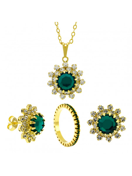 Conjunto Girassol Gargantilha Brincos Aparador Verde Esmeralda Banhado Ouro Amarelo 18 k - KIT16415 