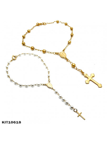 KIT COM DUAS PULSEIRAS TERÇO BANHADAS EM OURO 18 KILATES - KIT10618