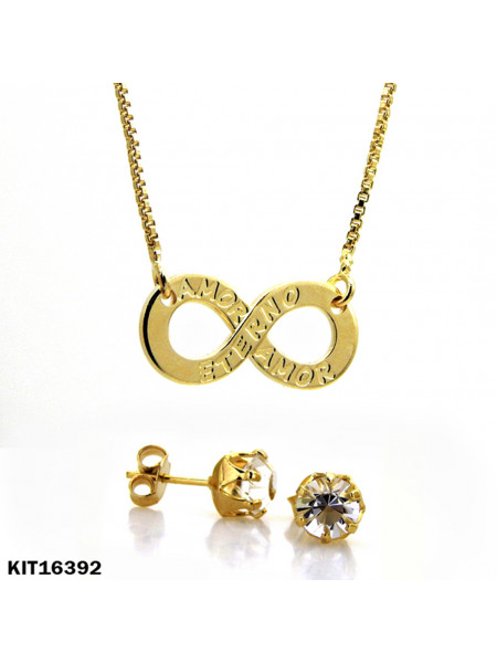 CONJUNTO AMOR ETERNO AMOR GARGANTILHA INFINITO - PAR DE BRINCOS PONTO DE LUZ BANHADO EM OURO 18 KILATES - KIT16392