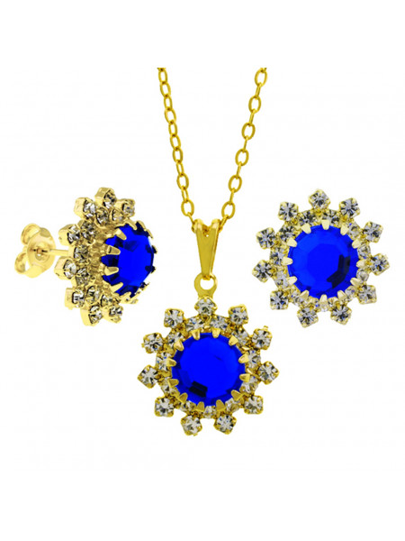 Conjunto Girassol Gargantilha Brincos Azul Safira Banhado Ouro Amarelo 18 K - KIT16408