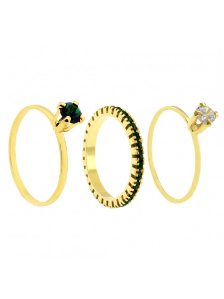 Conjunto Dois Anéis Solitário Aparador Verde Esmeralda Banhado Em Ouro 18 K - KIT16462