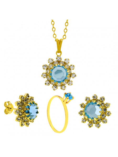 Conjunto Girassol Solitário Gargantilha Brincos Aquamarine Banhado Ouro Amarelo 18 k - KIT16419