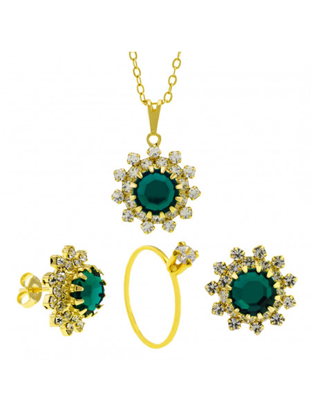 Conjunto Girassol Gargantilha Brincos Solitário Verde Esmeralda Banhado Ouro Amarelo 18 k - KIT16414 