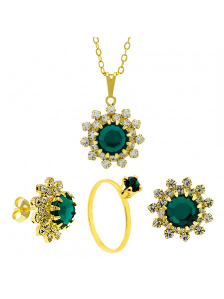 Conjunto Girassol Solitário Gargantilha Brincos Verde Esmeralda Banhado Ouro Amarelo 18 k - KIT16422