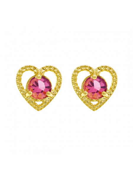 Brinco Ponto Luz Coração Rosa Banhado Ouro Amarelo 18 K - 1031129