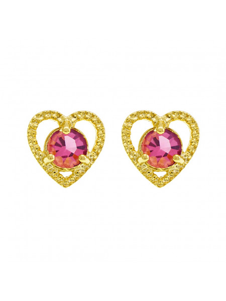 Brinco Ponto Luz Coração Rosa Banhado Ouro Amarelo 18 K - 1031129