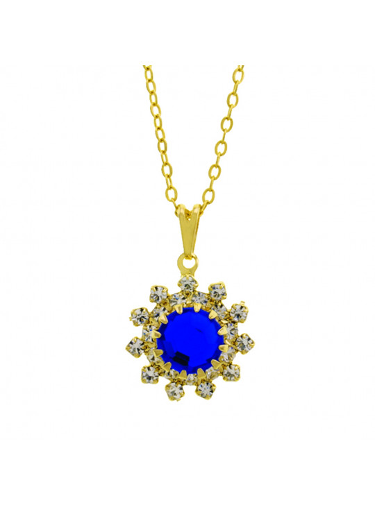 Conjunto Girassol Gargantilha Brincos Azul Safira Banhado Ouro Amarelo 18 K - KIT16408