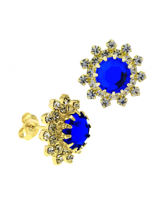 Conjunto Girassol Gargantilha Brincos Meia Aliança Azul Safira Banhado Ouro Amarelo 18 k - KIT16427