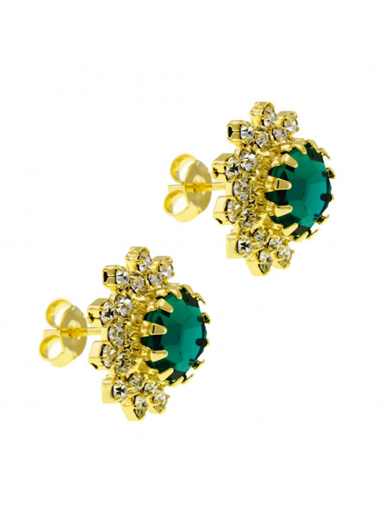 Conjunto Girassol Solitário Gargantilha Brincos Verde Esmeralda Banhado Ouro Amarelo 18 k - KIT16433 