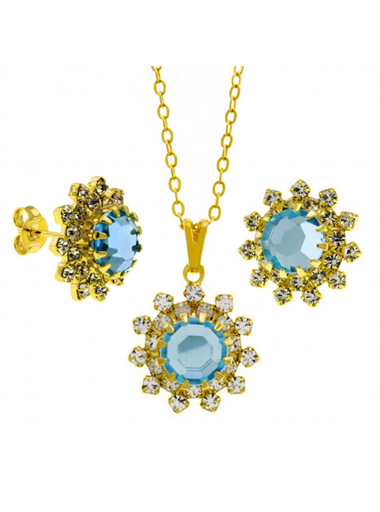 Conjunto Girassol Gargantilha Brincos Aliança Aquamarine Banhado Ouro Amarelo 18 k - KIT16423