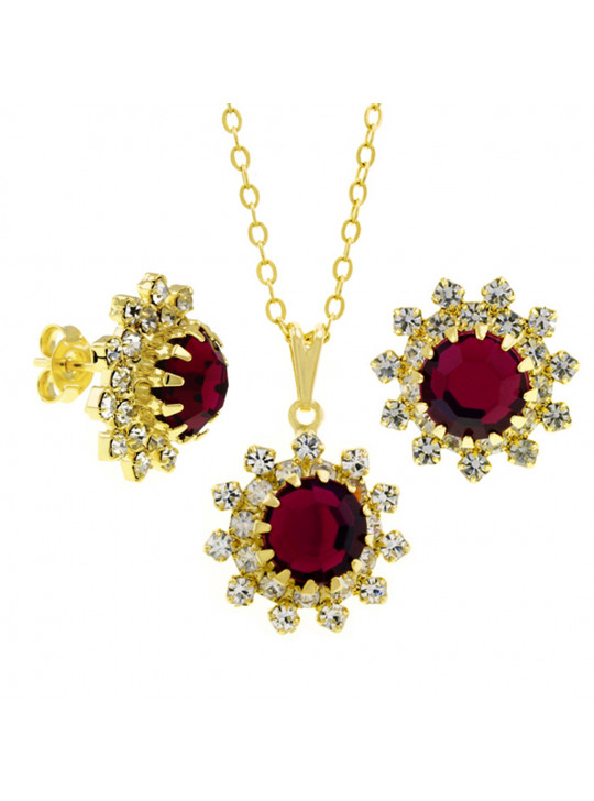 Conjunto Girassol Solitário Gargantilha Brincos Aparador Rosa Pink Banhado Ouro Amarelo 18 k - KIT16436