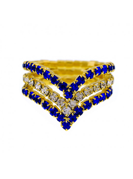 Anel Horus Import Azul Safira e Cristal Triplo Banhado Ouro Amarelo 18 K - 1010103