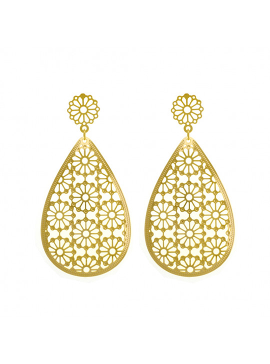 Brinco Gota Trabalhado Flores Banhado Em Ouro Amarelo 18k - 1030049