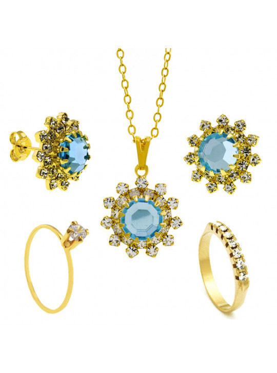 Conjunto Girassol Gargantilha Solitário Brincos Meia Aliança Aquamarine Banhado Ouro Amarelo 18 k - KIT16441 