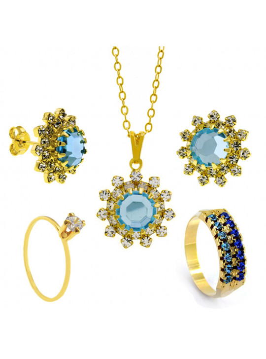 Conjunto Girassol Solitário Gargantilha Brincos Aliança Aquamarine Banhado Ouro Amarelo 18 k - KIT16438