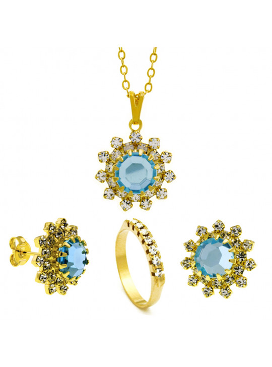 Conjunto Girassol Gargantilha Brincos Meia Aliança Aquamarine Banhado Ouro Amarelo 18 k - KIT16426