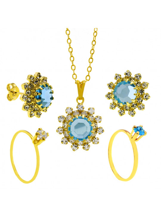 Conjunto Girassol Solitários Gargantilha Brincos Aquamarine Banhado Ouro Amarelo 18 k - KIT16430