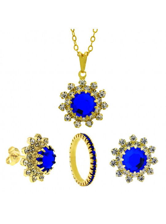 Conjunto Girassol Gargantilha Brincos Aparador Azul Safira Banhado Ouro Amarelo 18 k - KIT16416