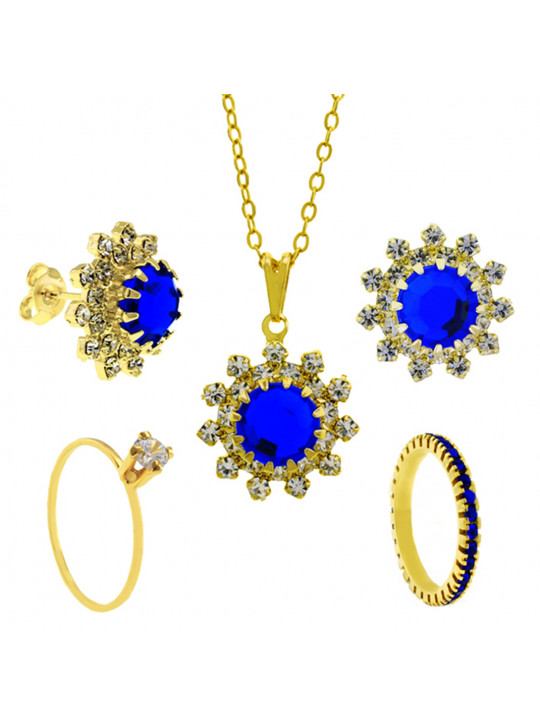 Conjunto Girassol Solitário Gargantilha Brincos Aparador Azul Safira Banhado Ouro Amarelo 18 k - KIT16435