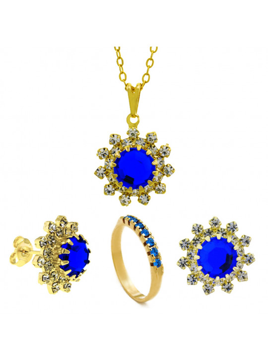 Conjunto Girassol Gargantilha Brincos Meia Aliança Azul Safira Banhado Ouro Amarelo 18 k - KIT16427