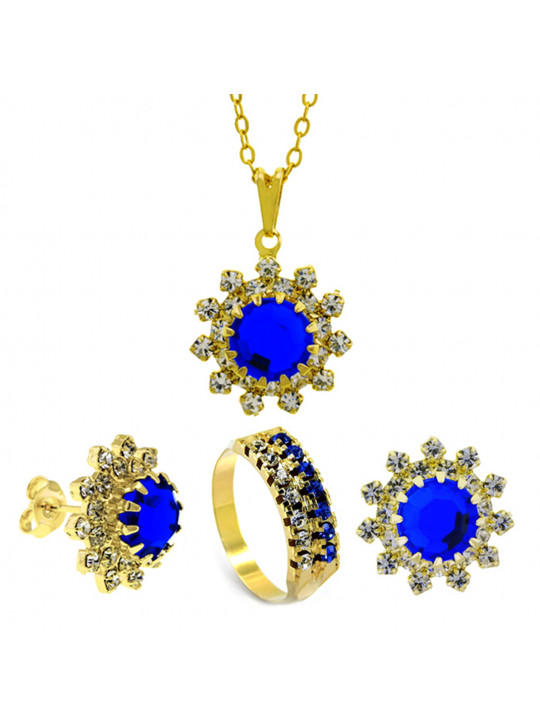 Conjunto Girassol Gargantilha Brincos Aliança Azul Safira Banhado Ouro Amarelo 18 k - KIT16424