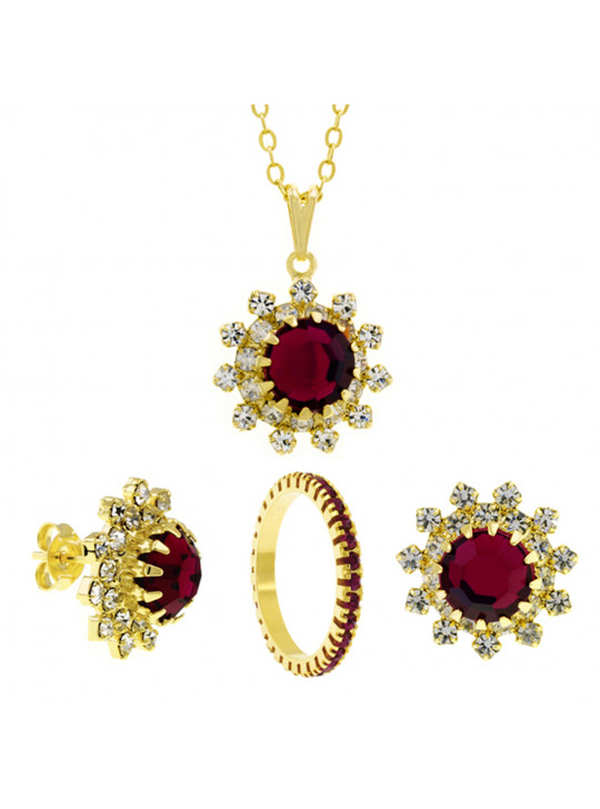 Conjunto Girassol Gargantilha Brincos Aparador Rosa Pink Banhado Ouro Amarelo 18 k - KIT16417