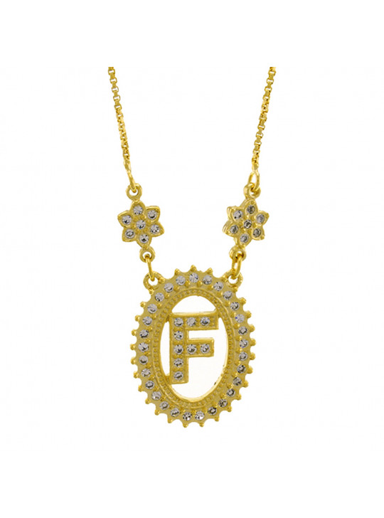 Colar Letra " F " Cravejada Zircônia Banhado Ouro Amarelo 18 K - 1061234