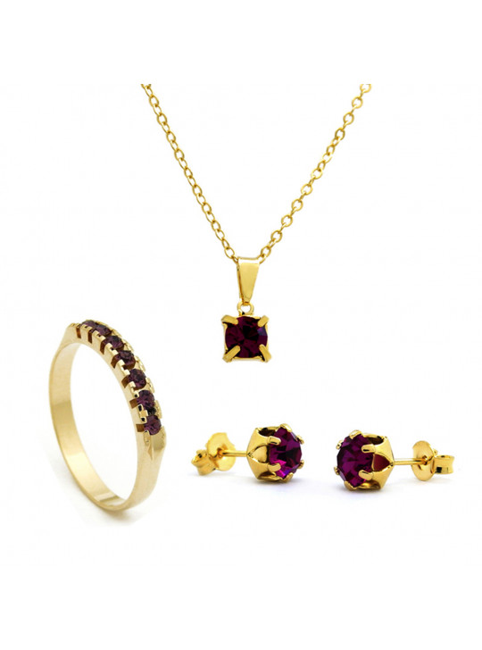 Kit Violeta Ametista - Gargantilha Pingente Quadrado - Brincos - Meia Aliança - Banhado Ouro 18k - KIT10529