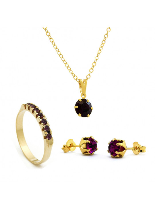 Kit Violeta Ametista - Gargantilha Pingente - Brincos - Meia Aliança - Banhado Ouro 18k - KIT10537