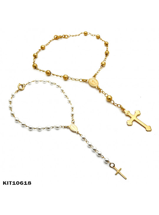 KIT COM DUAS PULSEIRAS TERÇO BANHADAS EM OURO 18 KILATES - KIT10618