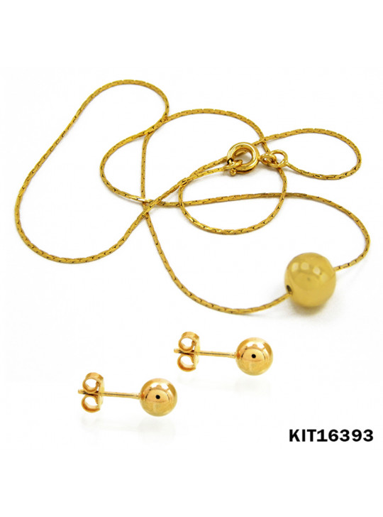 CONJUNTO COM GARGANTILHA E PAR DE BRINCO BOLA DOURADA - BANHO EM OURO 18 KILATES - KIT16393