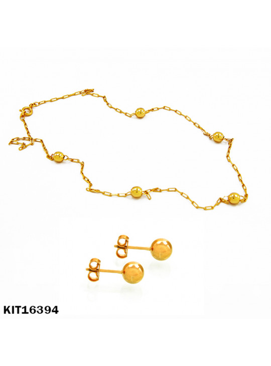 GARGANTILHA E BRINCO BOLA DOURADA - BANHO EM OURO 18 KILATES - KIT16394