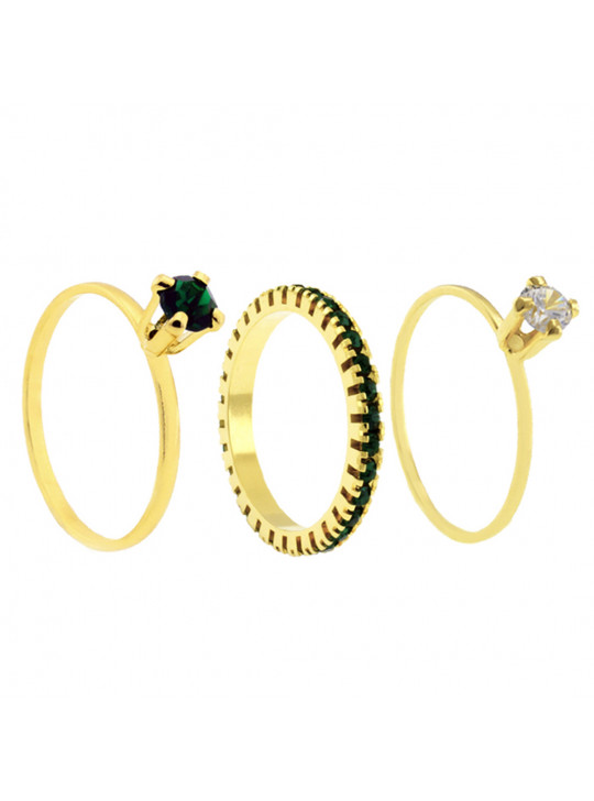 Conjunto Dois Anéis Solitário Aparador Verde Esmeralda Banhado Em Ouro 18 K - KIT16462