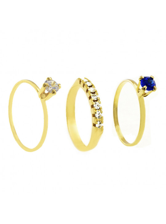 Conjunto Anel Solitário Meia Aliança Solitário Azul Safira Banhado Em Ouro 18 K - KIT16476