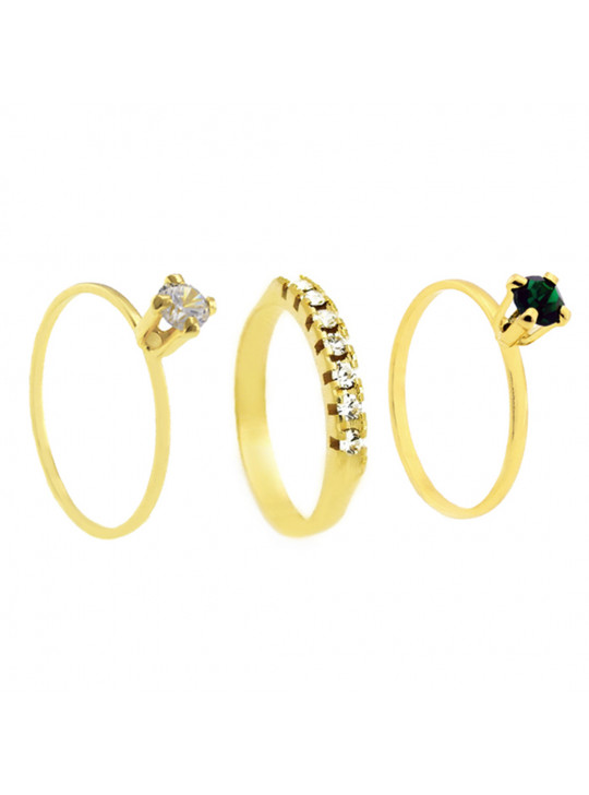 Conjunto Anel Solitário Meia Aliança Solitário Verde Esmeralda Banhado Em Ouro 18 K - KIT16477