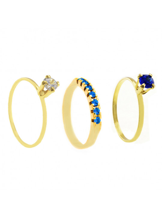 Conjunto Anel Solitário Meia Aliança Solitário Azul Safira Banhado Em Ouro 18 K - KIT16478