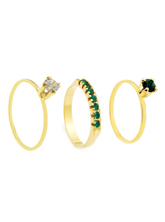 Conjunto Anel Solitário Meia Aliança Solitário Verde Esmeralda Banhado Em Ouro 18 K - KIT16480