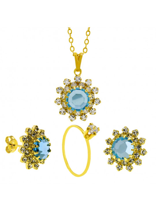 Conjunto Girassol Gargantilha Brincos Solitário Aquamarine Banhado Ouro Amarelo 18 k - KIT16411