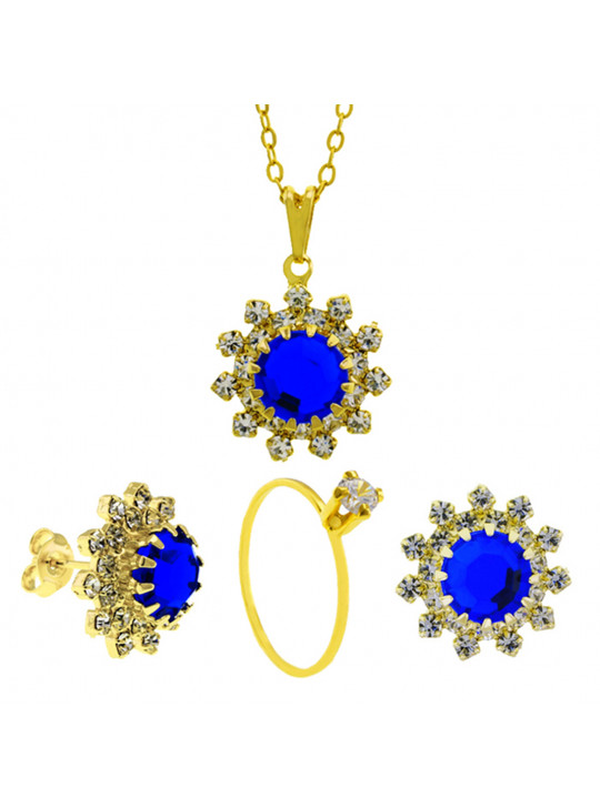 Conjunto Girassol Gargantilha Brincos Solitário Azul Safira Banhado Ouro Amarelo 18 k - KIT16412