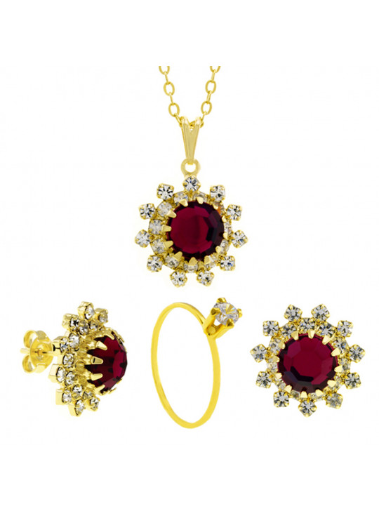 Conjunto Girassol Gargantilha Brincos Solitário Rosa Pink Banhado Ouro Amarelo 18 k - KIT16413