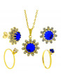 Conjunto Girassol Solitários Gargantilha Brincos Azul Safira Banhado Ouro Amarelo 18 k - KIT16431 