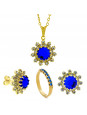 Conjunto Girassol Gargantilha Brincos Meia Aliança Azul Safira Banhado Ouro Amarelo 18 k - KIT16427