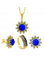 Conjunto Girassol Gargantilha Brincos Aliança Azul Safira Banhado Ouro Amarelo 18 k - KIT16424